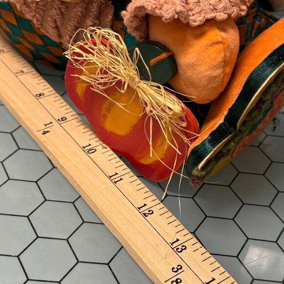 VTG Stuffed Thanksgiving Turkey Sitter in Overalls Holding Pumpkin Basket Crow - Picture 14 of 16